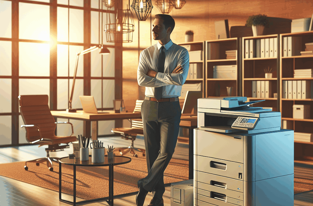 Professional commercial copier leasing expert consulting with a Sweetwater business owner in an office setting