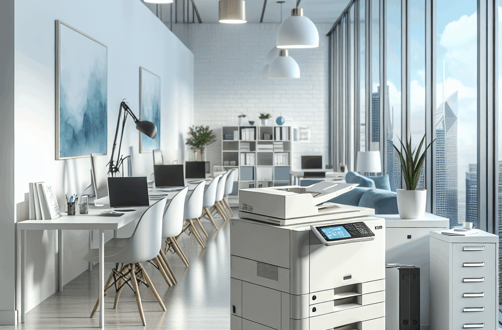 Business professional using a commercial copier machine for leasing services in Coral Springs, showcasing expert office eq...