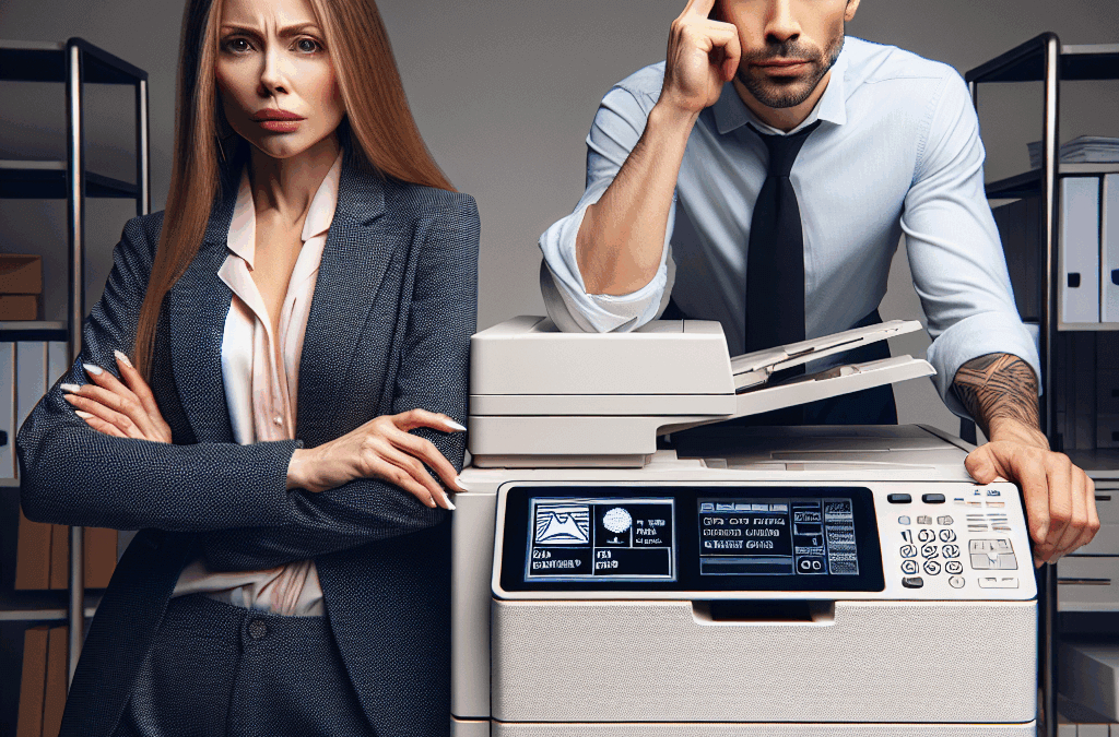 Business professional reviewing commercial copier leasing options in modern Delray Beach office setting with copier machin...