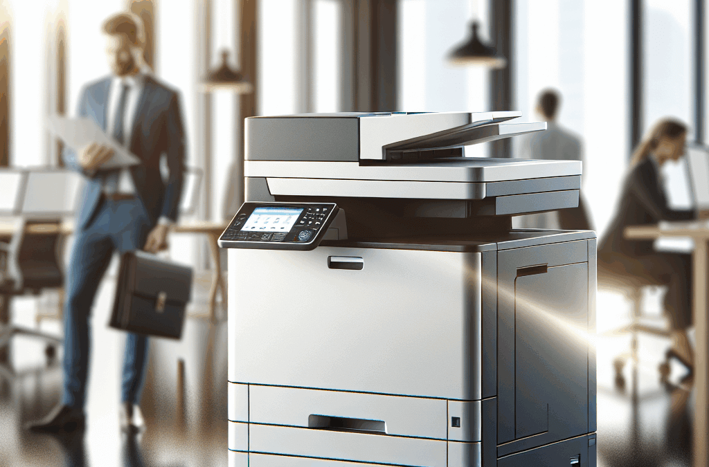 Modern office worker using a high-tech copier, showcasing commercial copier leasing benefits in Pinecrest for office effic...