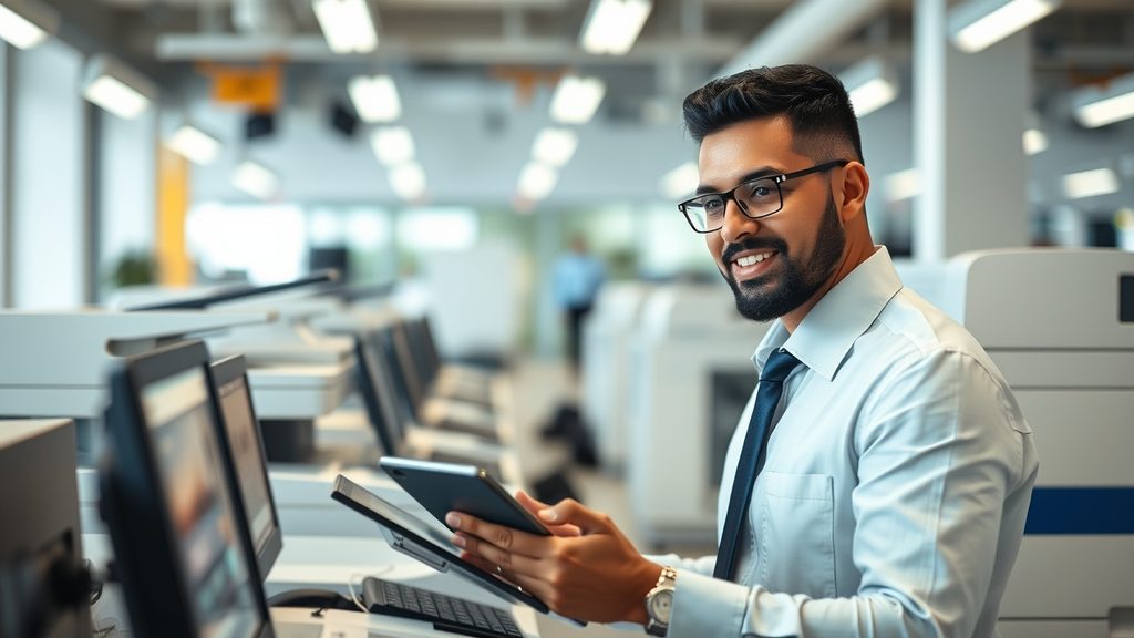 Copier leasing professional reviewing documents at a modern South Florida office