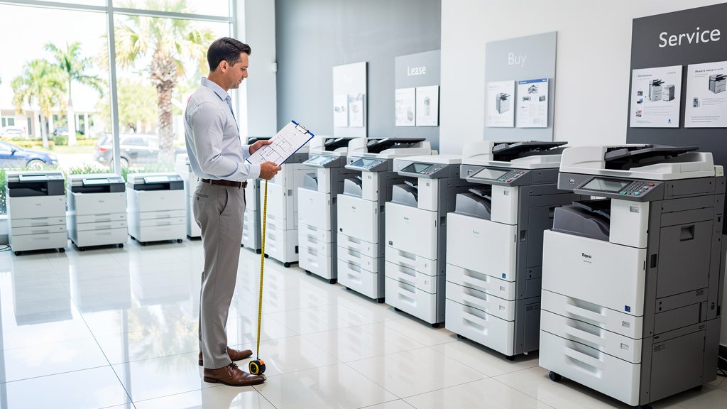 Business owner comparing commercial copier sizes in a South Florida showroom