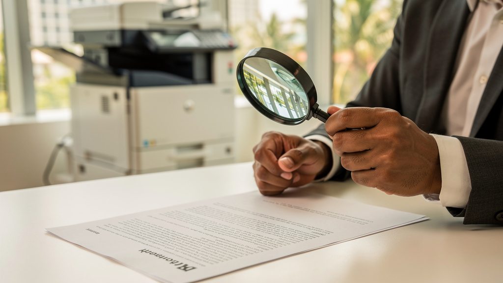 Businessperson examining fine print in a copier lease contract