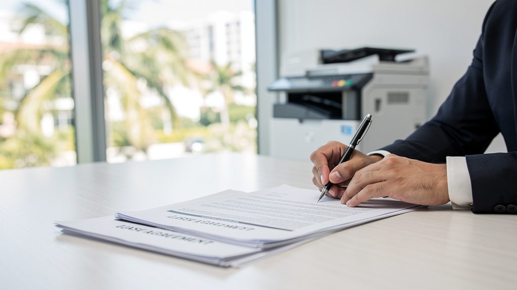 Businessperson signing a commercial copier lease contract