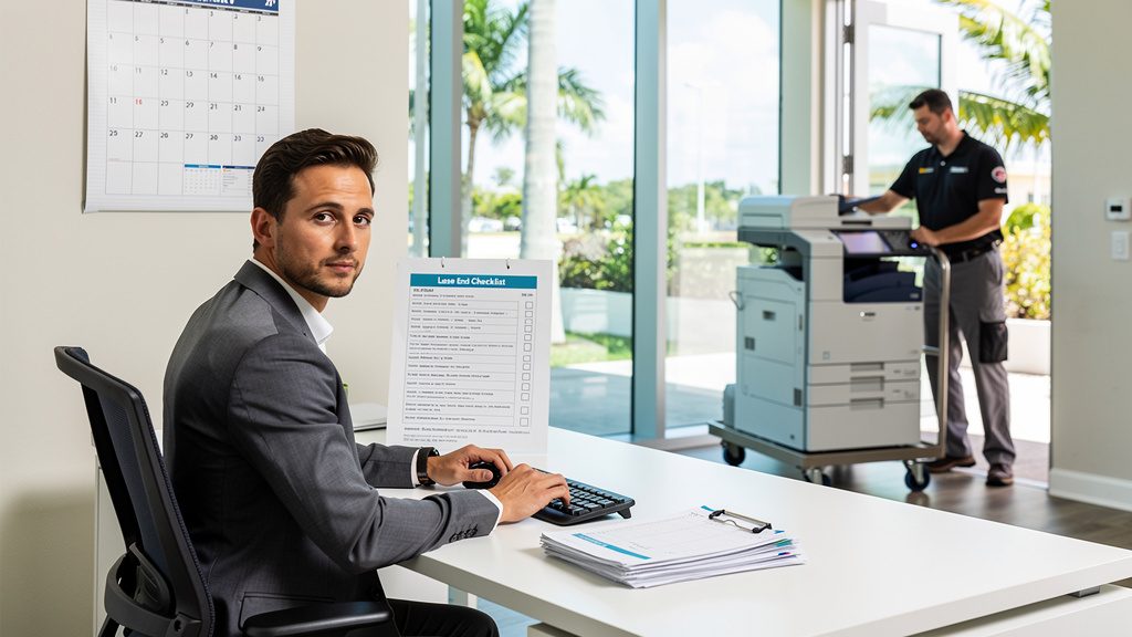 Office worker reviewing a lease-end checklist as a copier is picked up