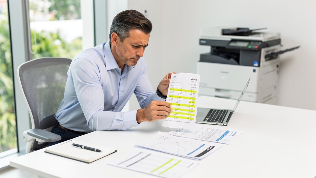 Business owner reviewing an invoice with highlighted extra copier lease fees