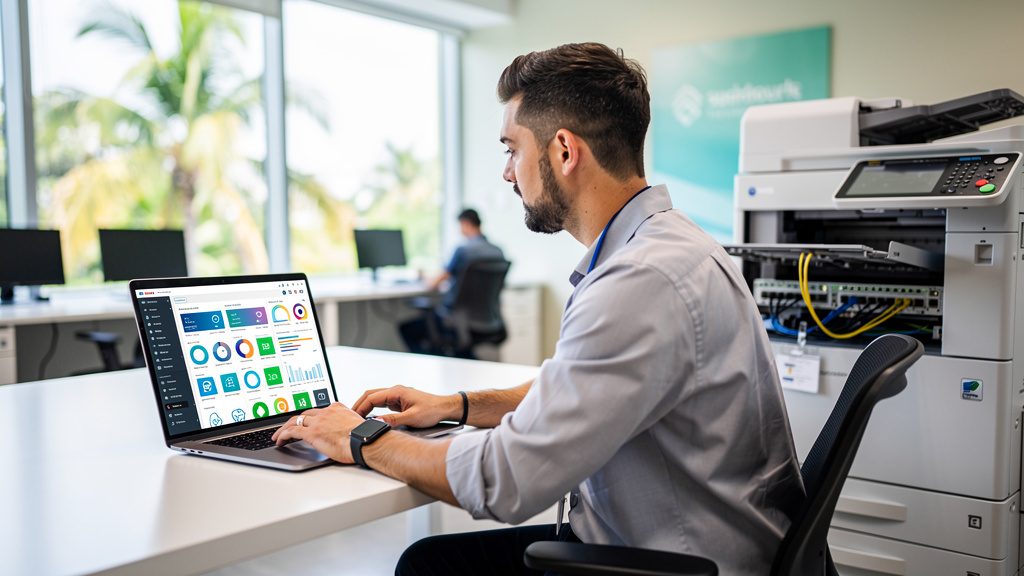 IT technician monitoring a managed print services dashboard next to a networked copier