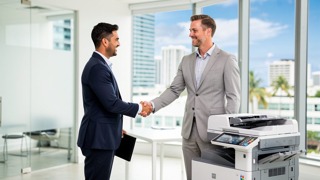 Business owner shaking hands with a copier leasing representative in a Miami office