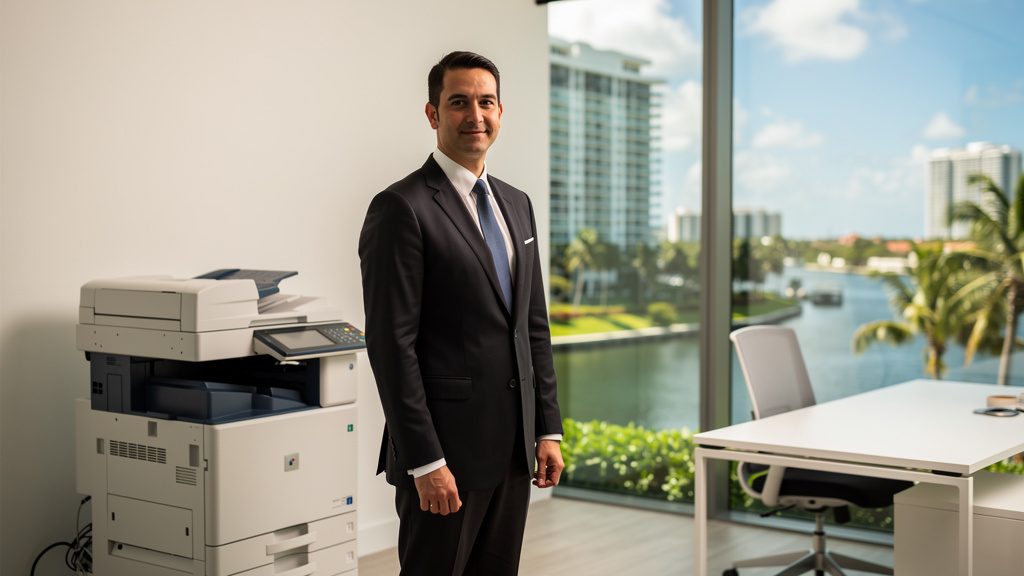 Professional beside an office copier in a Aventura business office in South Florida