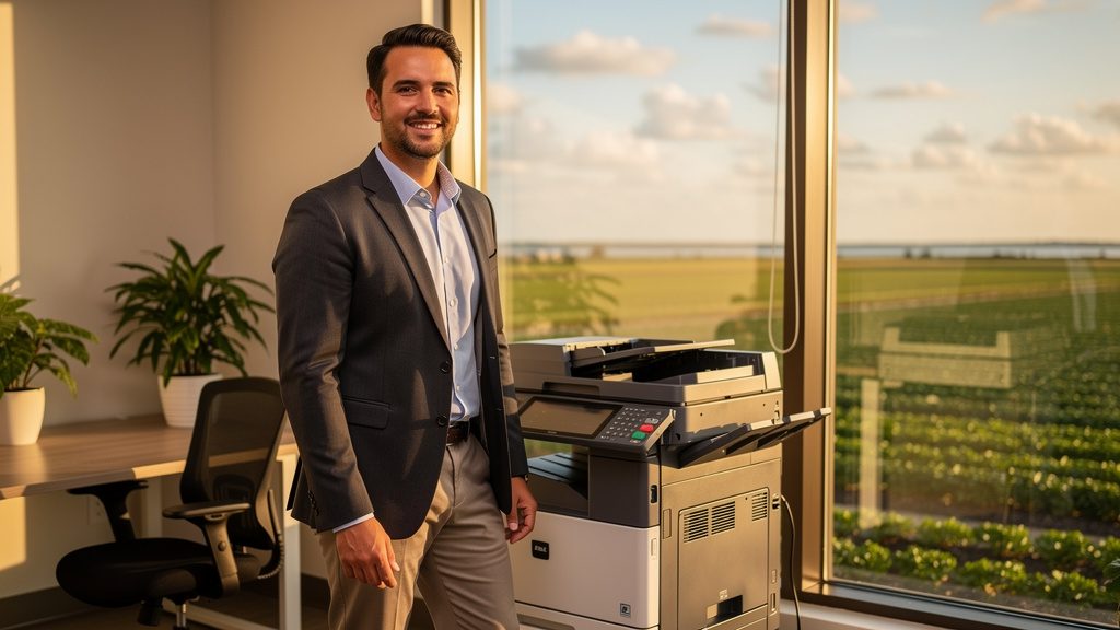Professional beside an office copier in a Belle Glade business office in South Florida