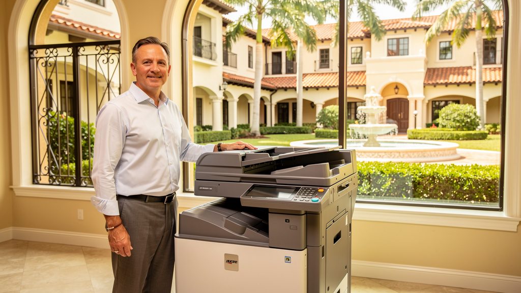 Professional beside an office copier in an upscale Boca Raton corporate office