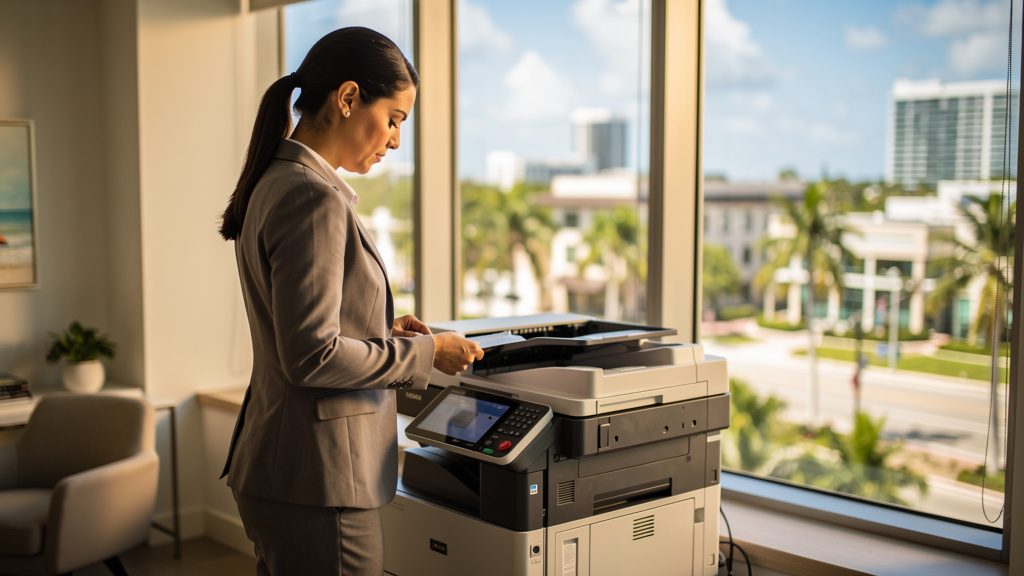 Professional beside an office copier in a Boynton Beach business office in South Florida