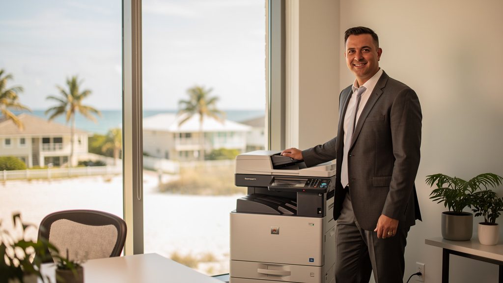 Professional beside an office copier in a Briny Breezes business office in South Florida