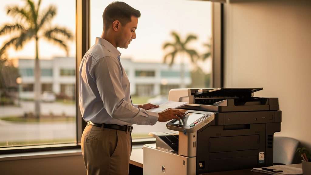 Professional beside an office copier in a Carol City business office in South Florida