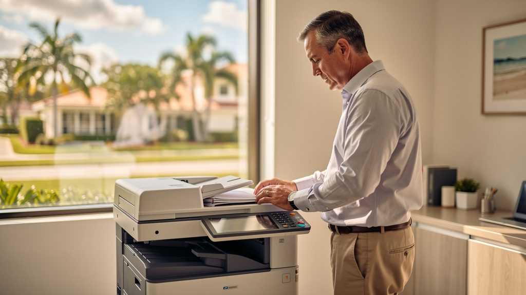 Professional beside an office copier in a Cloud Lake business office in South Florida