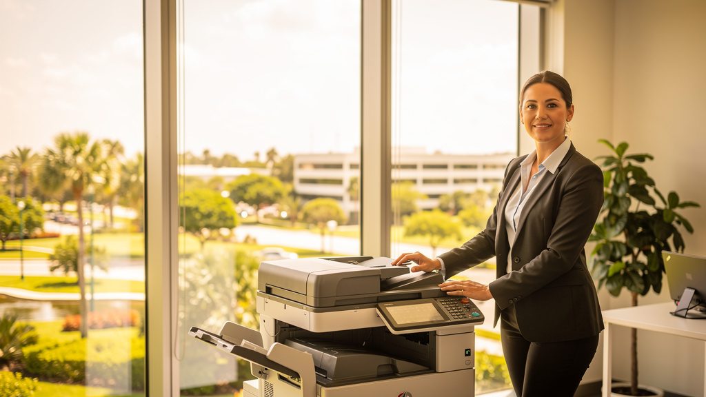 Professional beside an office copier in a Coconut Creek business office in South Florida