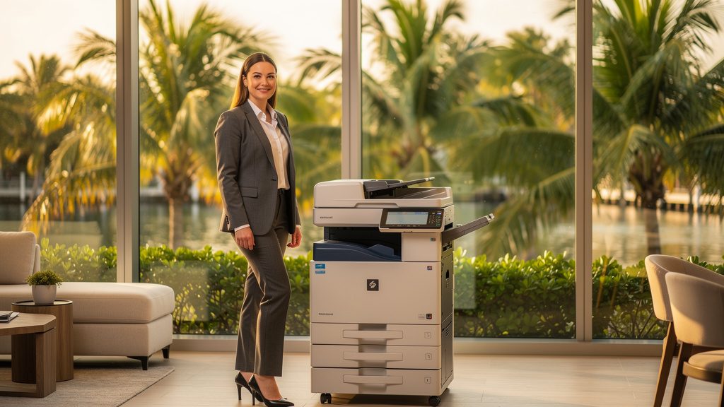 Professional beside an office copier in a Coconut Grove business office in South Florida