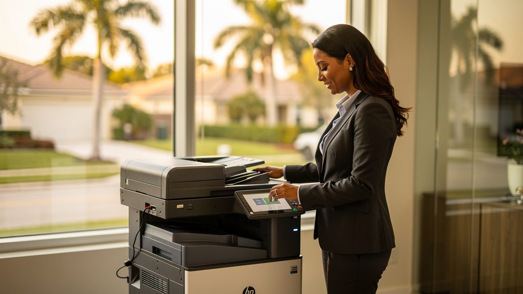 Professional beside an office copier in a Cooper City business office in South Florida