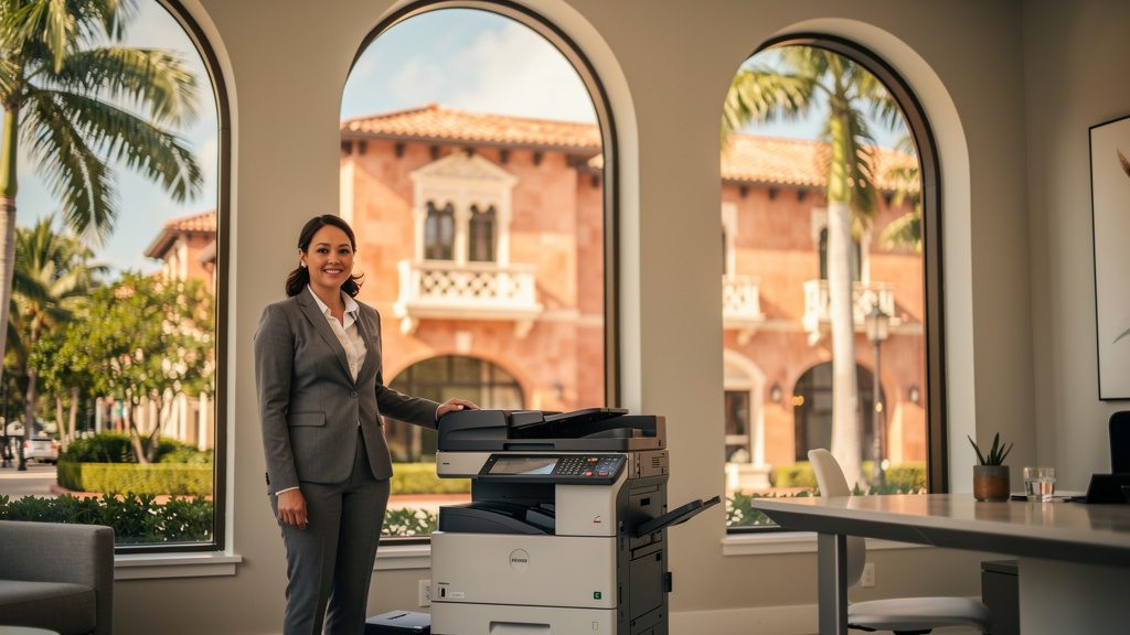 Professional beside an office copier in an upscale Coral Gables office with Mediterranean Revival architecture outside
