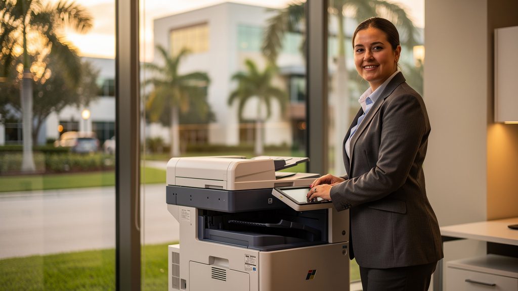 Professional beside an office copier in a Coral Springs business office in South Florida