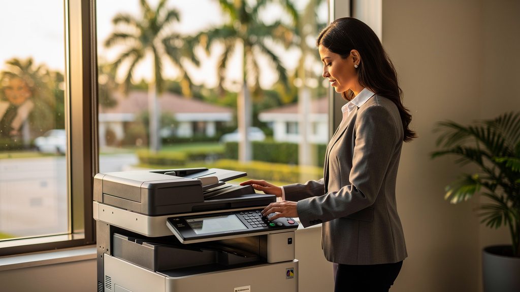 Professional beside an office copier in a Coral Terrace business office in South Florida