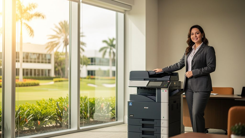 Professional beside an office copier in a Country Club business office in South Florida