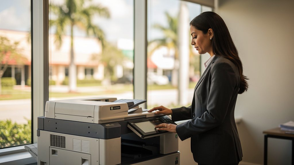 Professional beside an office copier in a Cutler Ridge business office in South Florida