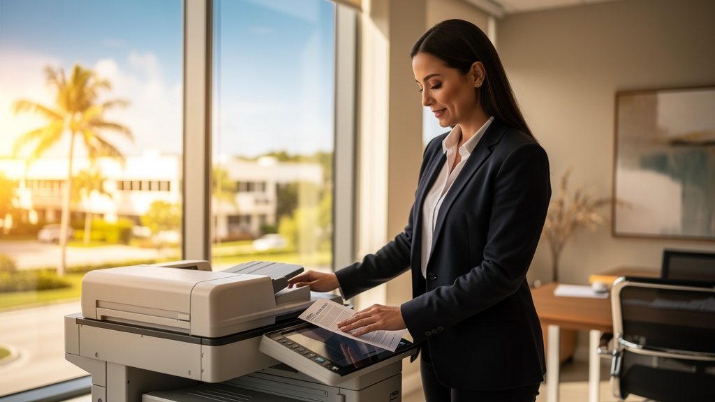 Professional beside an office copier in a Cutler business office in South Florida