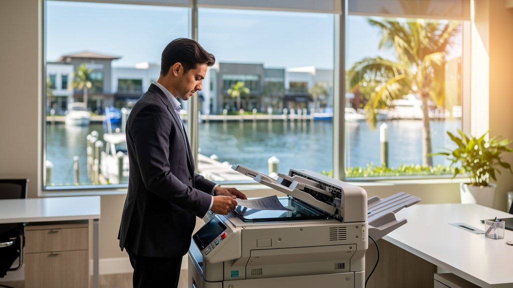 Professional beside an office copier in a Dania Beach business office in South Florida