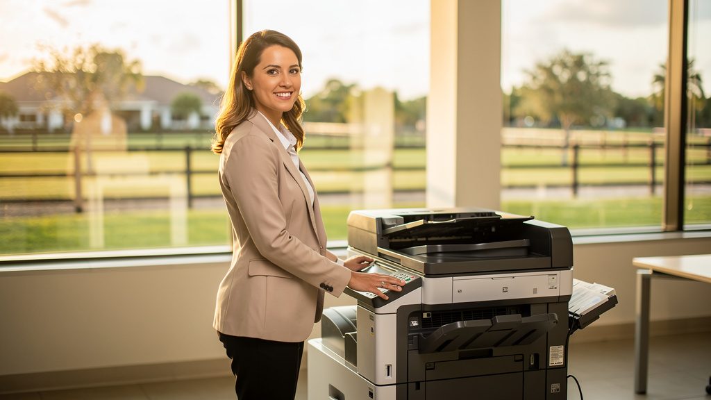 Professional beside an office copier in a Davie business office in South Florida