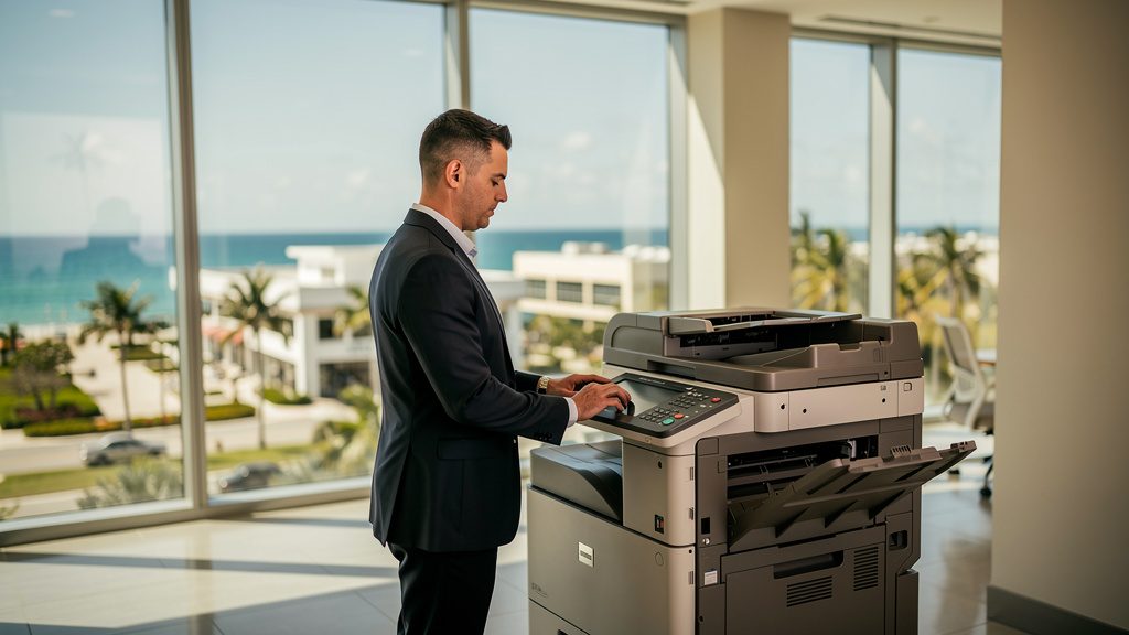 Professional beside an office copier in a Deerfield Beach business office in South Florida