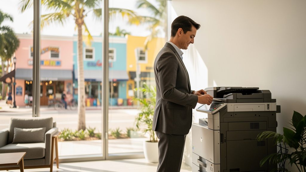 Professional beside an office copier in a Delray Beach business office in South Florida