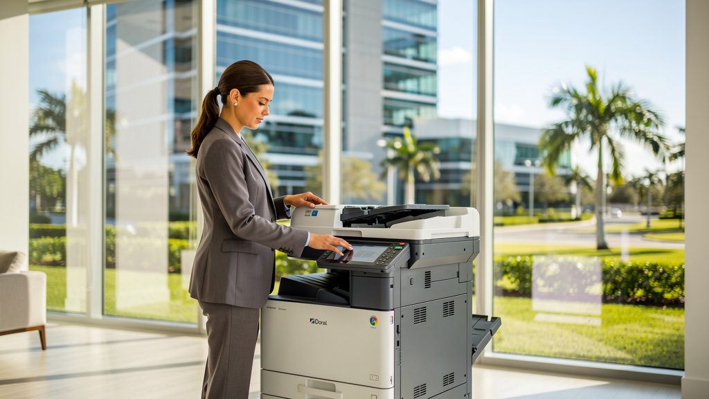Professional beside an office copier in a Doral business office in South Florida