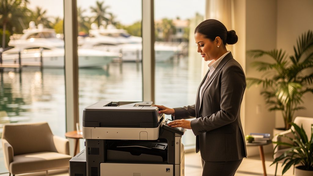 Professional at an office copier in a Fort Lauderdale waterfront office with Intracoastal marina view