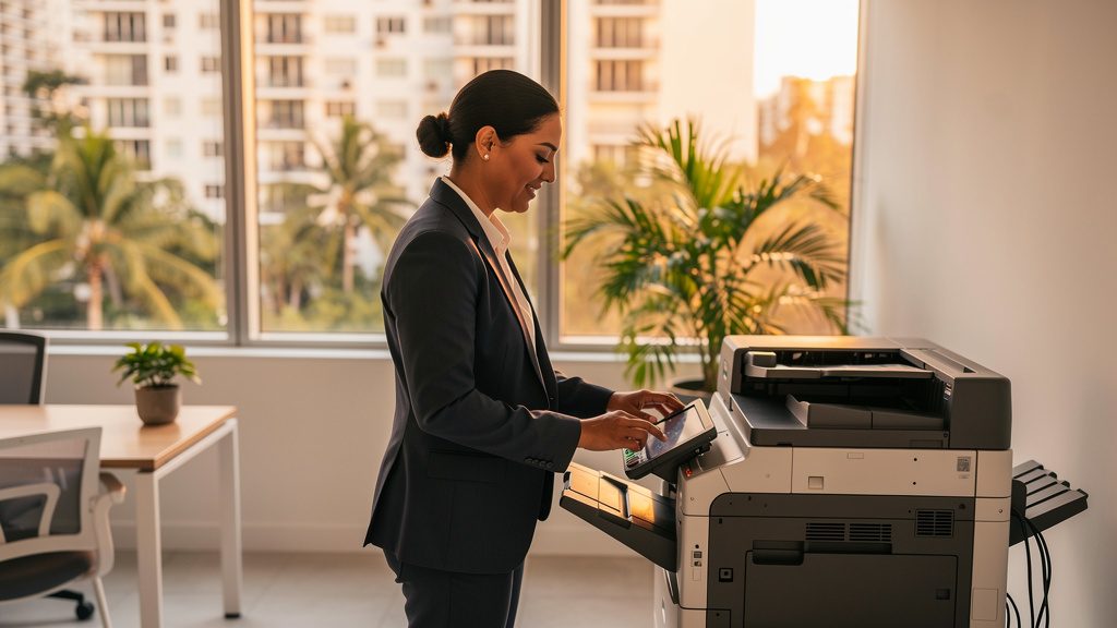 Professional beside an office copier in a Fountainebleau business office in South Florida
