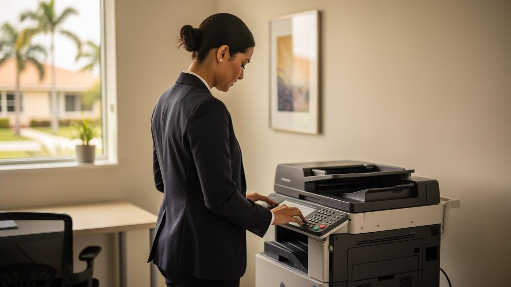 Professional beside an office copier in a Glen Ridge business office in South Florida