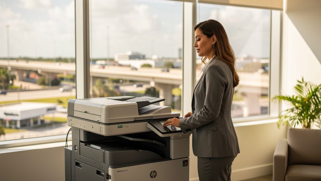 Professional beside an office copier in a Golden Glades business office in South Florida