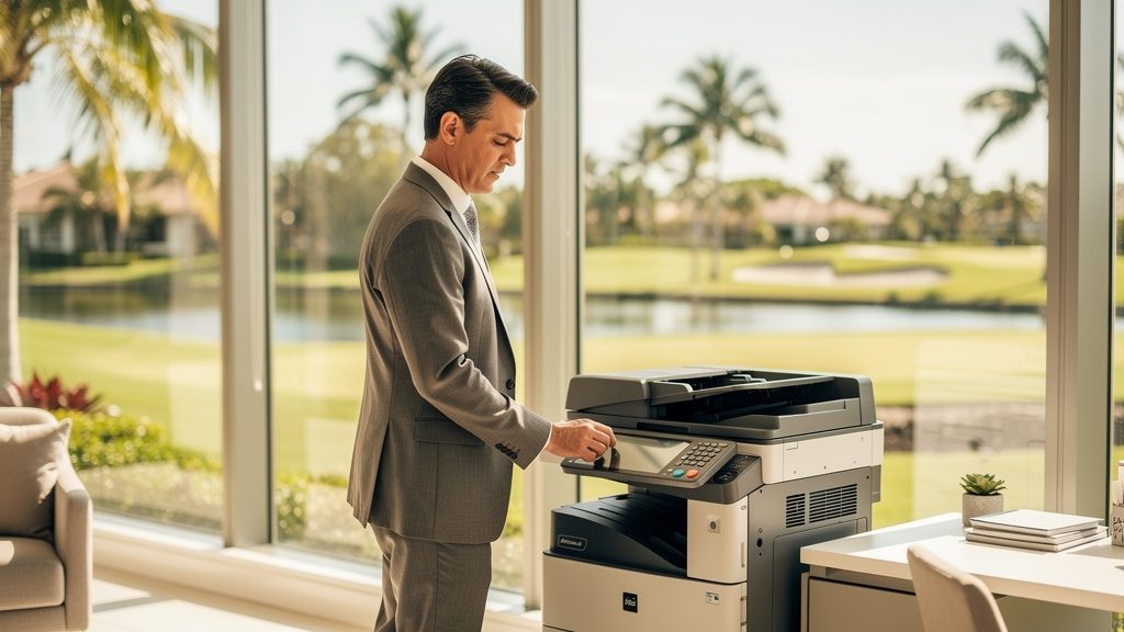 Professional beside an office copier in a Golf business office in South Florida