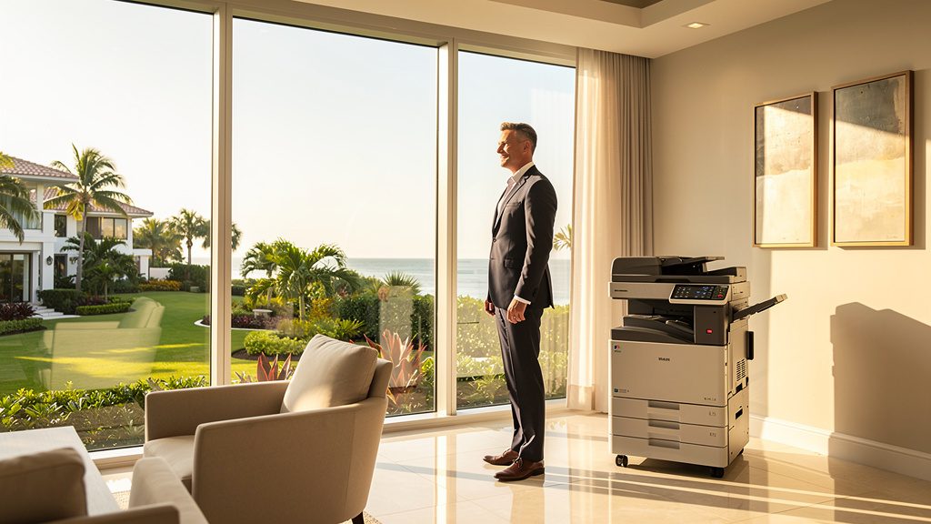 Professional beside an office copier in a Gulf Stream business office in South Florida