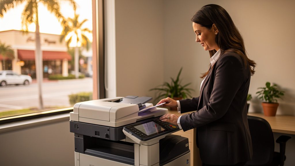 Professional beside an office copier in a Haverhill business office in South Florida