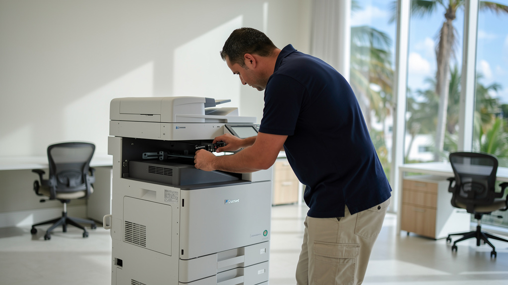 Technician installing a multifunction commercial copier in a South Florida office