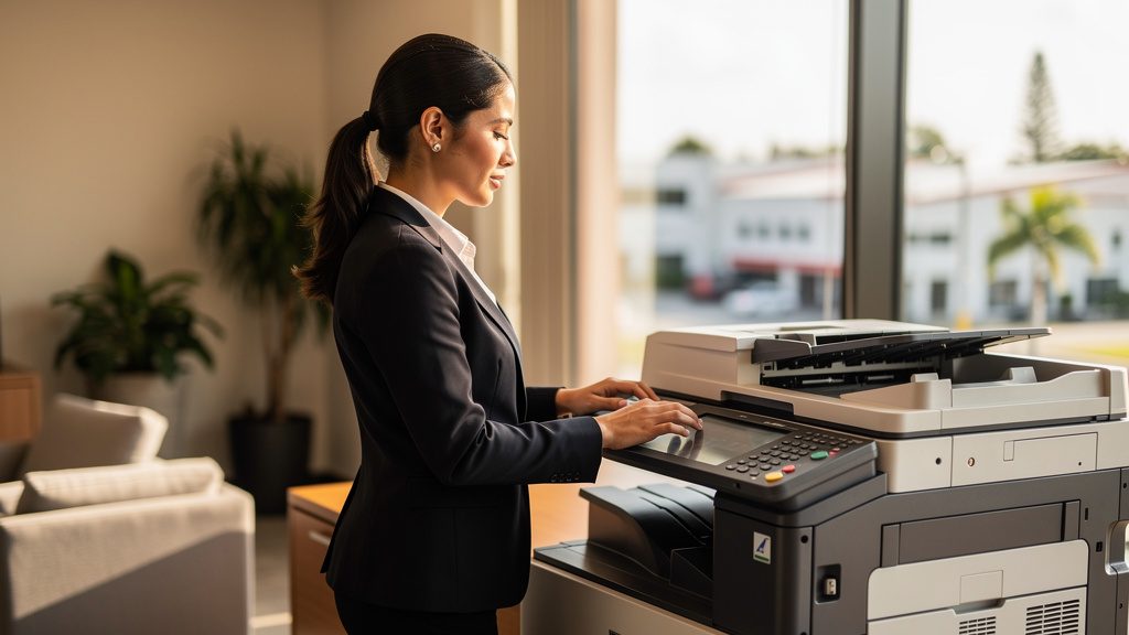 Professional beside an office copier in a Hialeah Gardens business office in South Florida