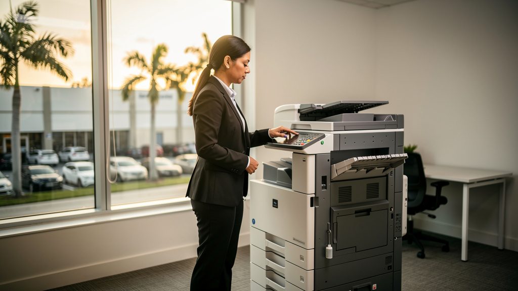 Professional beside an office copier in a Hialeah business office in South Florida
