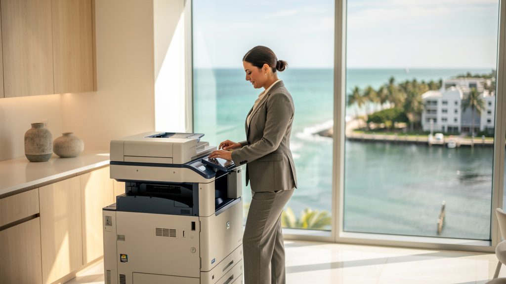 Professional beside an office copier in a Highland Beach business office in South Florida