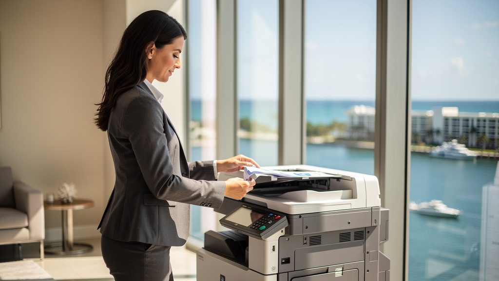 Professional beside an office copier in a Hillsboro Beach business office in South Florida