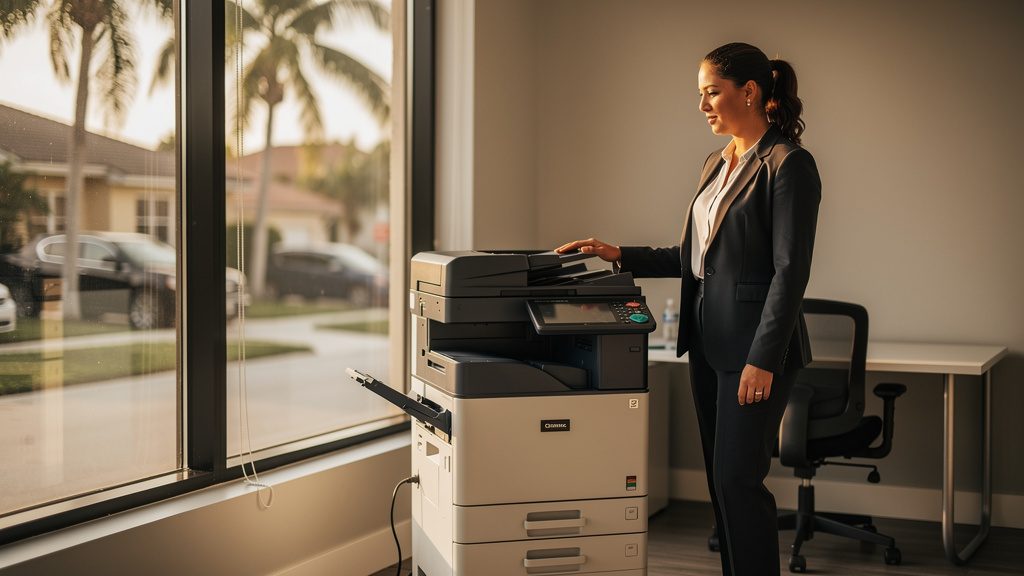 Professional beside an office copier in a Hillsboro Pines business office in South Florida