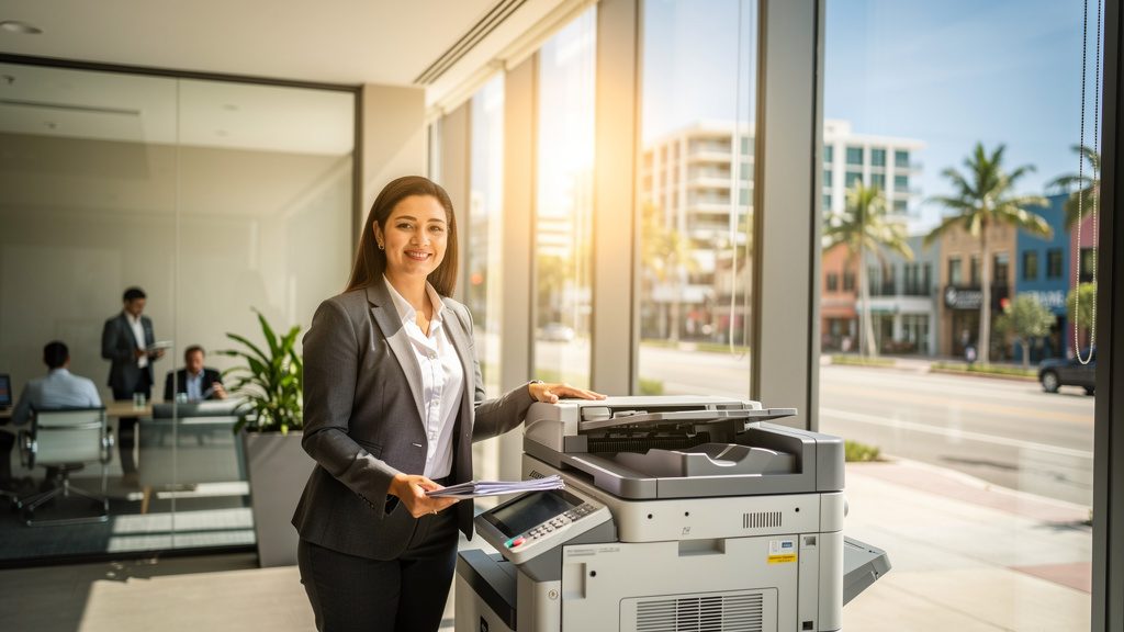 Professional beside an office copier in a Hollywood business office in South Florida