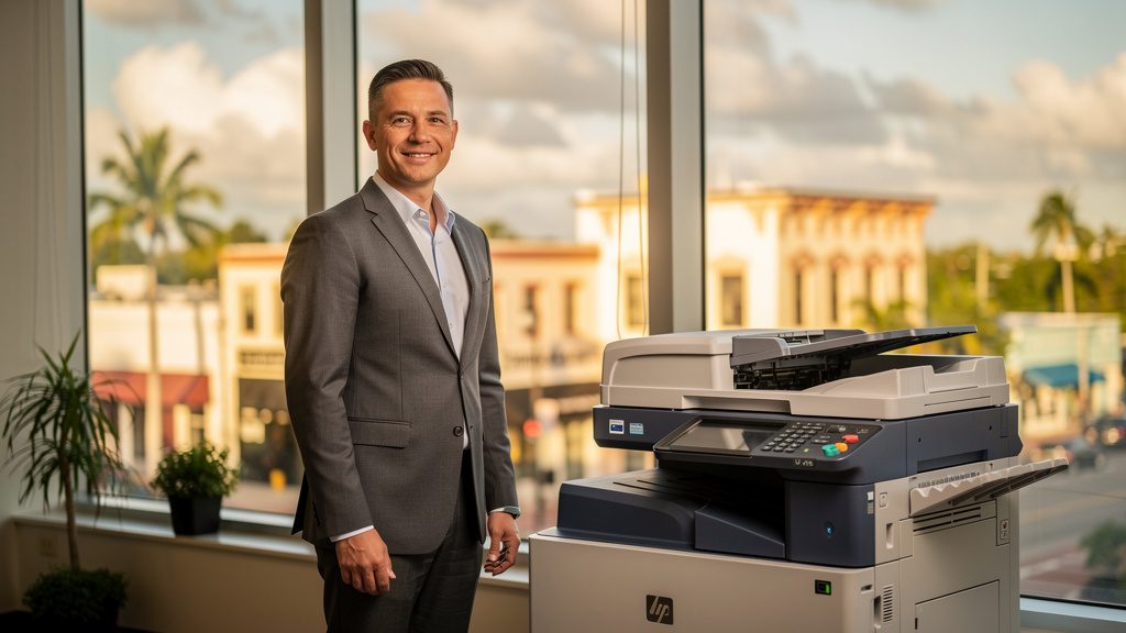 Professional beside an office copier in a Homestead business office in South Florida