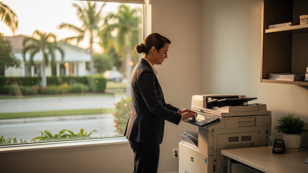 Professional beside an office copier in a Hypoluxo business office in South Florida