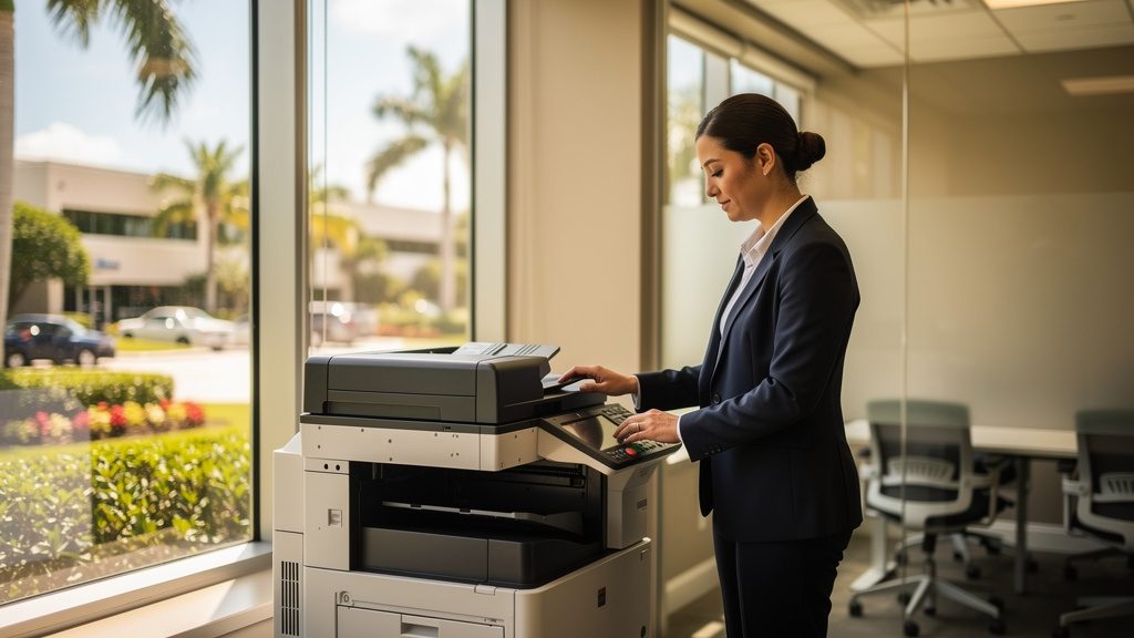 Professional beside an office copier in a Ives Estates business office in South Florida